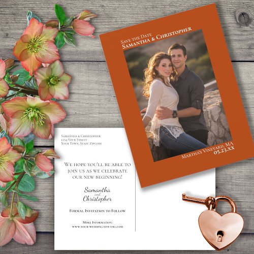 Rust Orange Minimalist Wedding Photo Save The Date Announcement Postcard