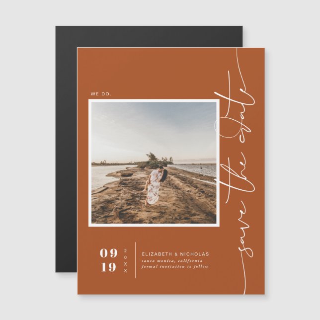 Rust Orange | Modern Minimal Save the Date Photo Magnetic Invitation (Front/Back)