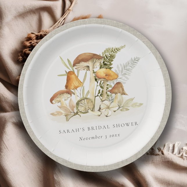 Rust Orange Mushroom Fern Foliage Bridal Shower Paper Plates (Creator Uploaded)