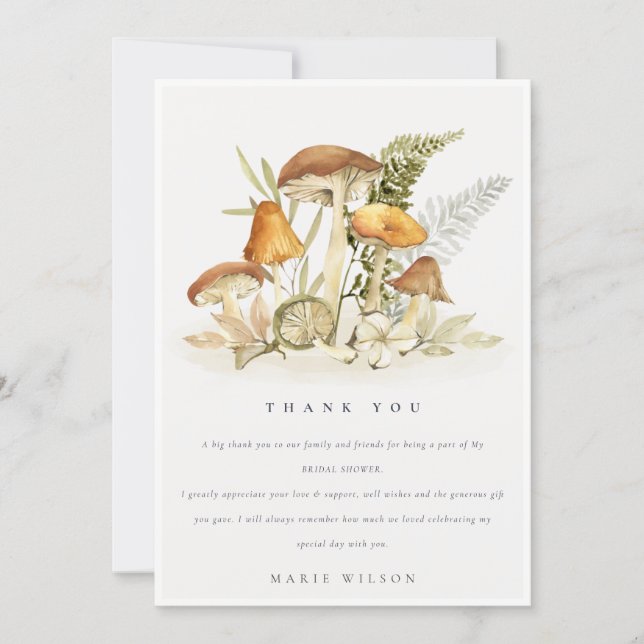Rust Orange Mushroom Fern Foliage Bridal Shower Thank You Card (Front)