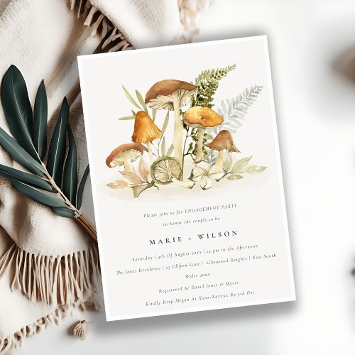 Rust Orange Mushroom Fern Foliage Engagement Invitation