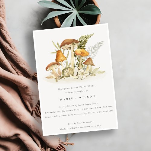 Rust Orange Mushroom Fern Foliage Rehearsal Dinner Invitation