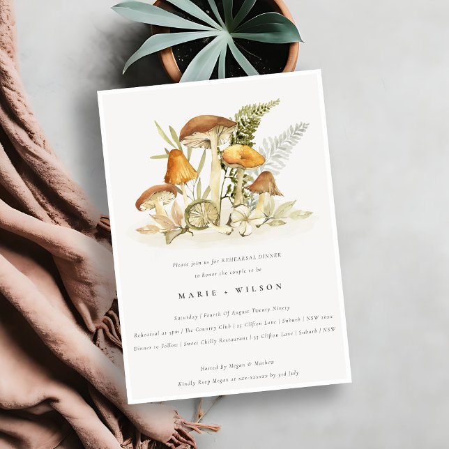Rust Orange Mushroom Fern Foliage Rehearsal Dinner Invitation (Creator Uploaded)
