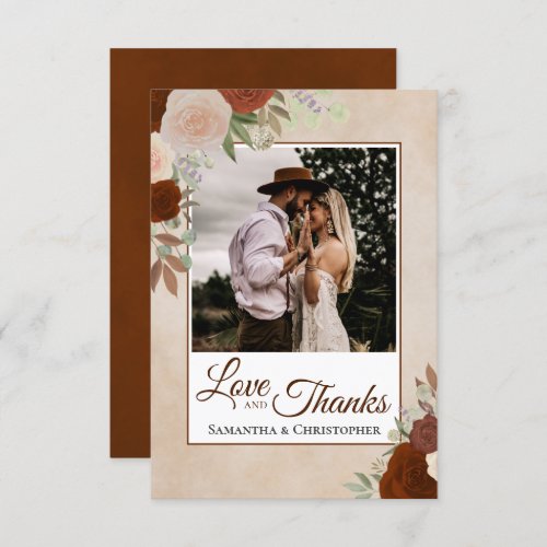 Rust Orange  Peach Floral Love  Thanks Wedding Thank You Card