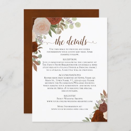 Rust Orange  Peach Roses Rustic Wedding Details Enclosure Card