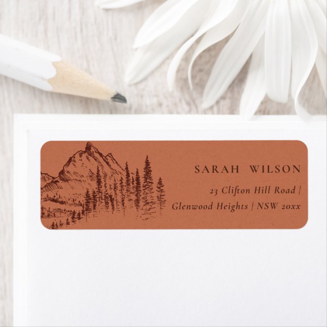 Rust Orange Pine Wood Mountain Sketch Address Label (Insitu)