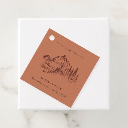 Rust Orange Pine Woods Mountain Sketch Wedding Favor Tags