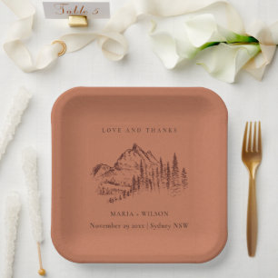 Rust Orange Pine Woods Mountain Sketch Wedding Paper Plates