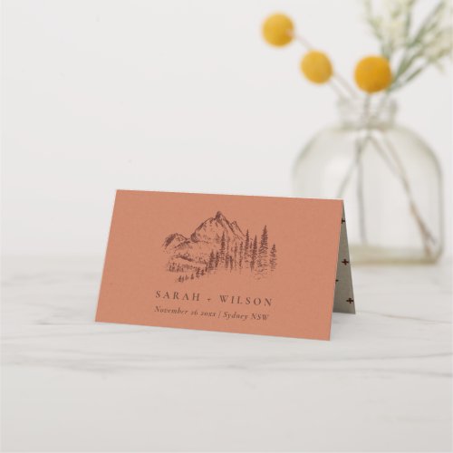 Rust Orange Pine Woods Mountain Sketch Wedding  Place Card