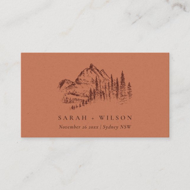 Rust Orange Pine Woods Mountain Sketch Wedding Place Card (Front)