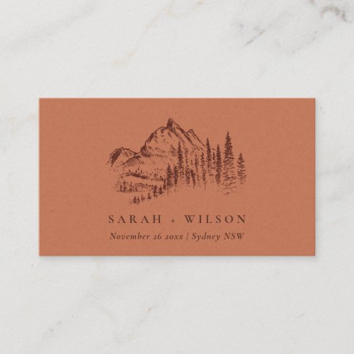 Rust Orange Pine Woods Mountain Sketch Wedding Place Card
