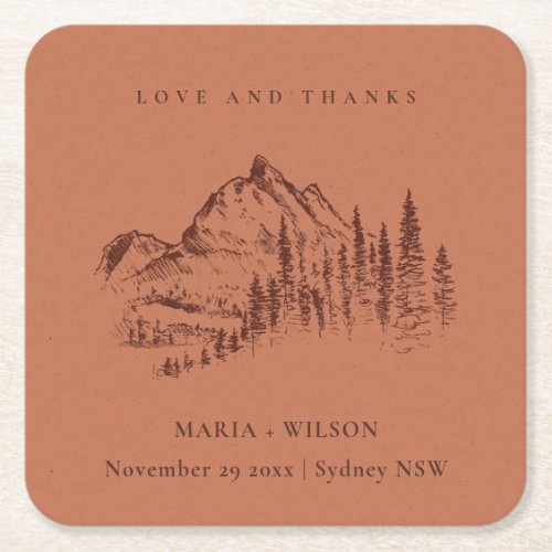 Rust Orange Pine Woods Mountain Sketch Wedding Square Paper Coaster