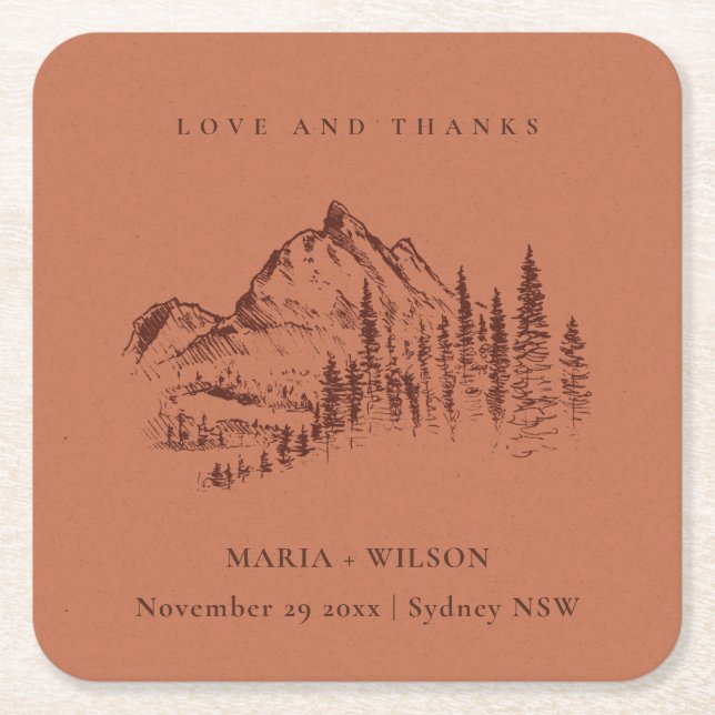Rust Orange Pine Woods Mountain Sketch Wedding Square Paper Coaster (Front)
