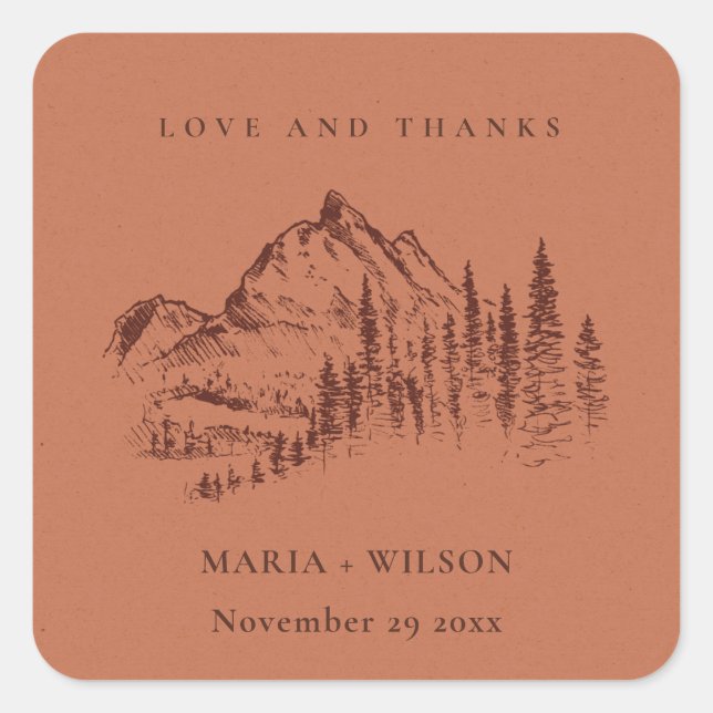 Rust Orange Pine Woods Mountain Sketch Wedding Square Sticker (Front)