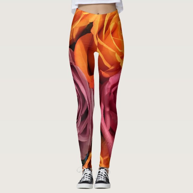 Rust Orange Purple Rose Floral Leggings (Front)