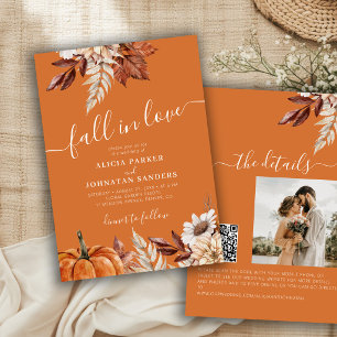 Rust orange QR code Fall in Love botanical wedding Invitation