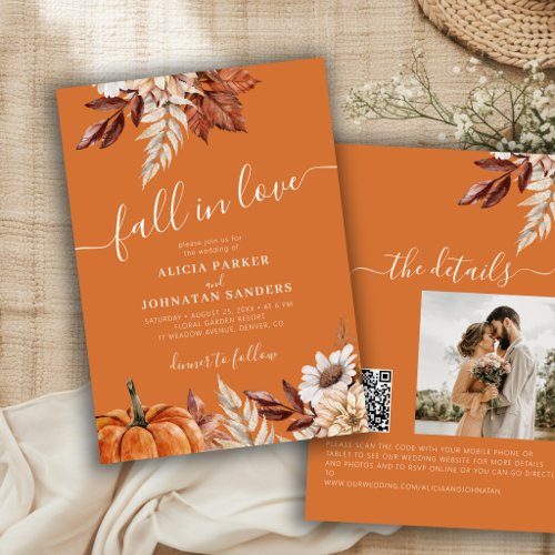 Rust orange QR code Fall in Love botanical wedding Invitation