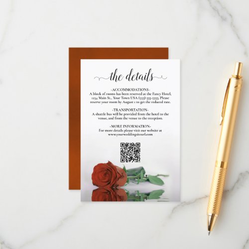 Rust Orange Rose Elegant Wedding Details QR Code Enclosure Card