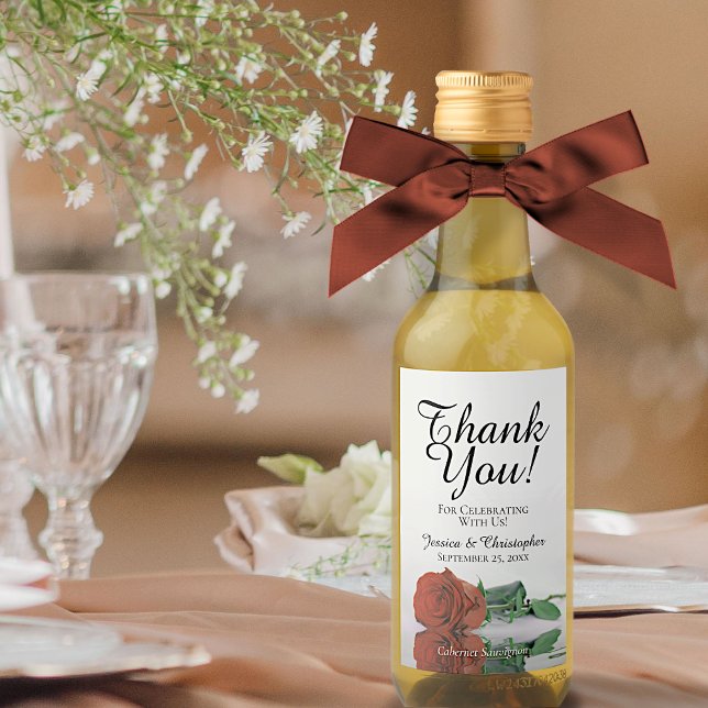 Rust Orange Rose Elegant Wedding Thank You Mini Wine Label (Creator Uploaded)