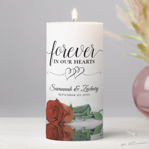 Rust Orange Rose Forever in our Hearts Memorial Pillar Candle
