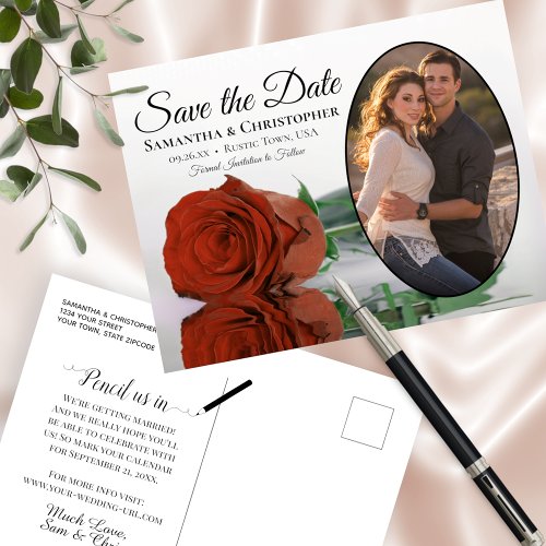 Rust Orange Rose Oval Photo Wedding Save The Date Announcement Postcard