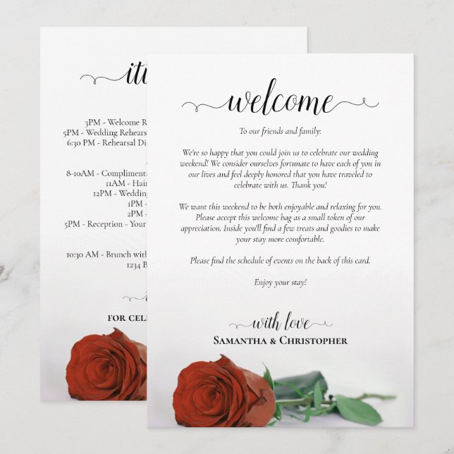 Rust Orange Rose Wedding Welcome & Itinerary Program (Front/Back)