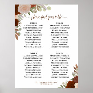 Rust Orange Roses 4 Table Wedding Seating Chart