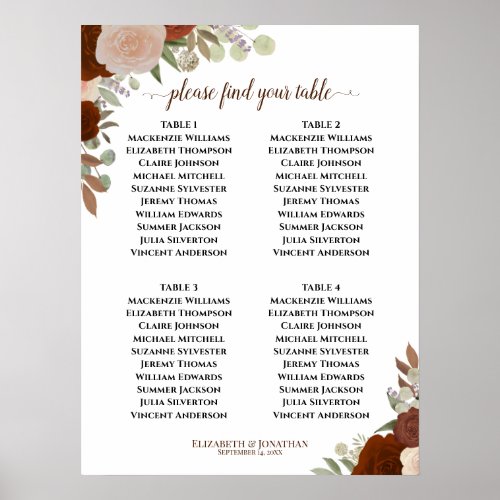 Rust Orange Roses 4 Table Wedding Seating Chart