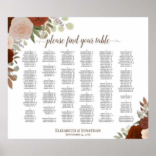 Rust Orange Roses Alphabetical Seating Chart