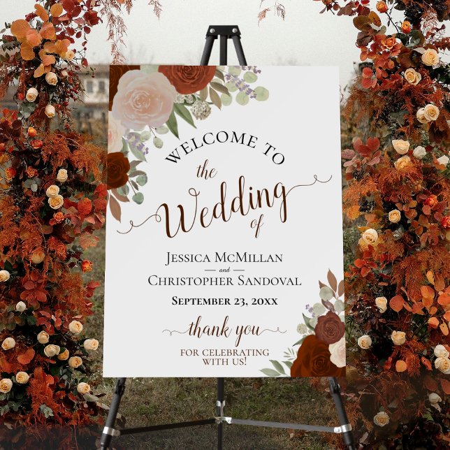 Rust Orange Roses Autumn Floral Wedding Welcome Foam Board (In Situ on Stand with Flowers)