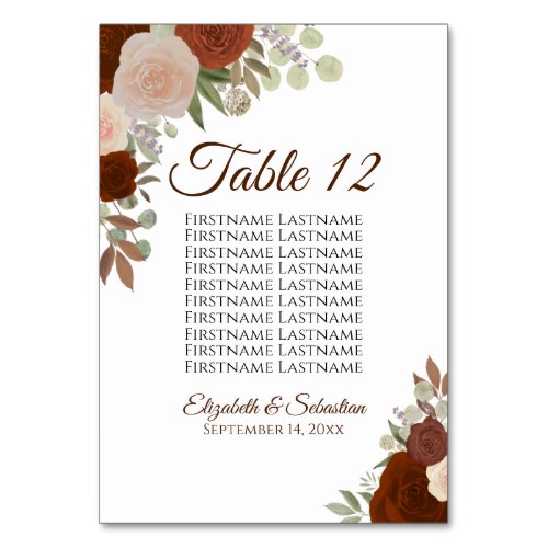 Rust Orange Roses Elegant Wedding Seating Chart Table Number