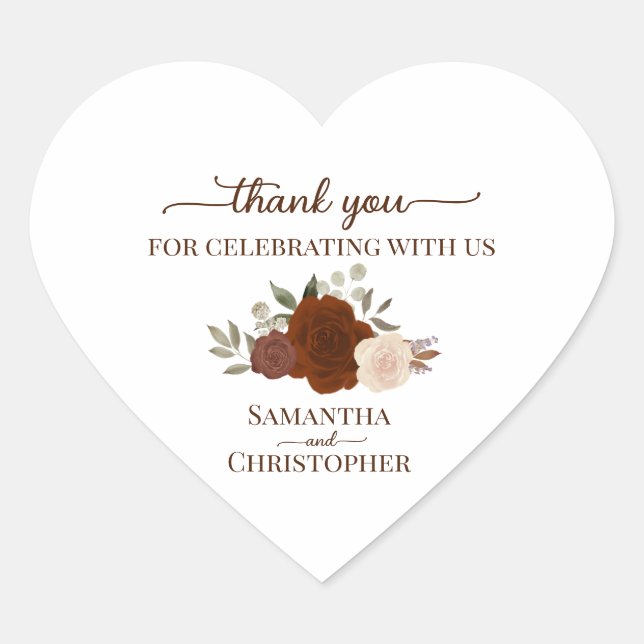 Rust Orange Roses Elegant Wedding Thank You Heart Sticker (Front)