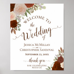 Rust Orange Roses Fall Floral Wedding Welcome Sign