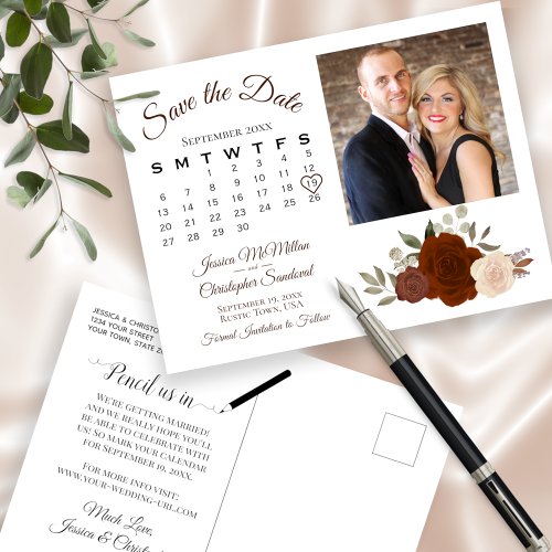 Rust Orange Roses Photo  Calendar Save the Date Announcement Postcard