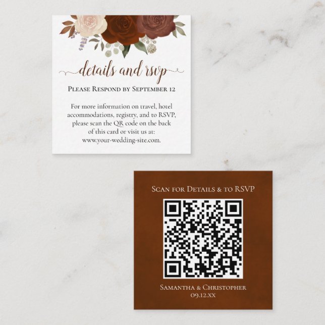Rust Orange Roses Wedding Details & RSVP QR Code Enclosure Card (Front/Back)