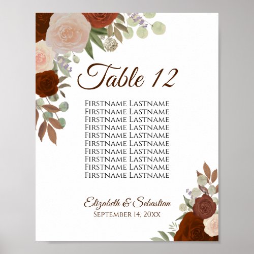 Rust Orange Roses Wedding Seating Chart Table Sign