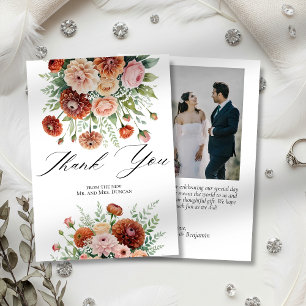 Rust Orange Sage Green Blush Flowers Wedding Photo Thank You Card