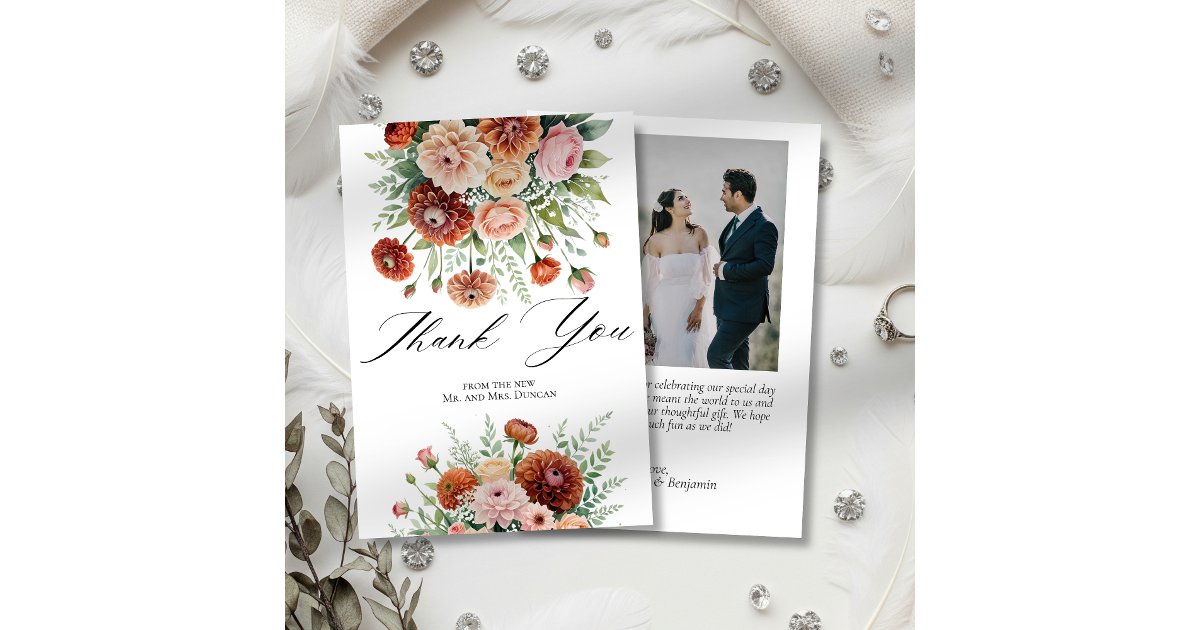 Rust Orange Sage Green Blush Flowers Wedding Photo Thank You Card | Zazzle