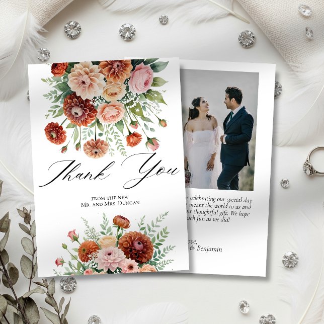 Rust Orange Sage Green Blush Flowers Wedding Photo Thank You Card (Creator Uploaded)