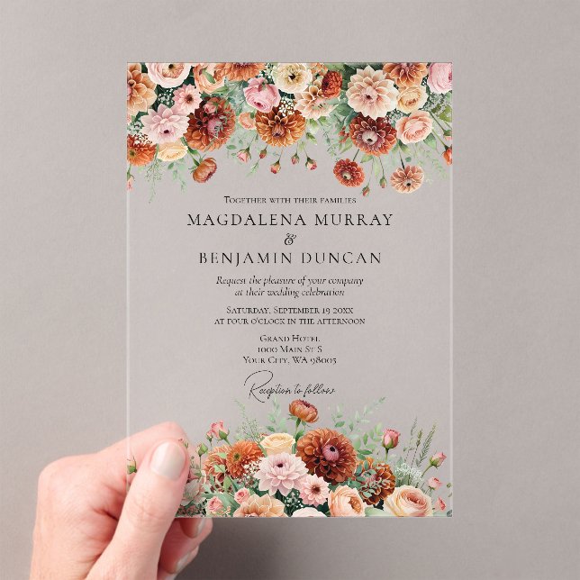 Rust Orange Sage Green Cream Flowers Fall Wedding Acrylic Invitations (Insitu (Handheld))