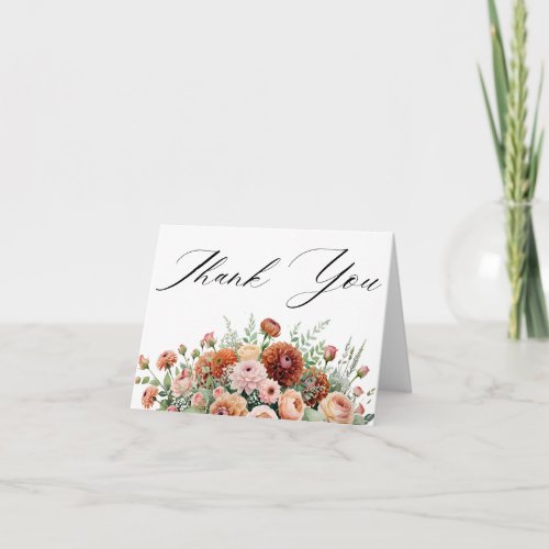 Rust Orange Sage Green Cream Flowers Fall Wedding Thank You Card