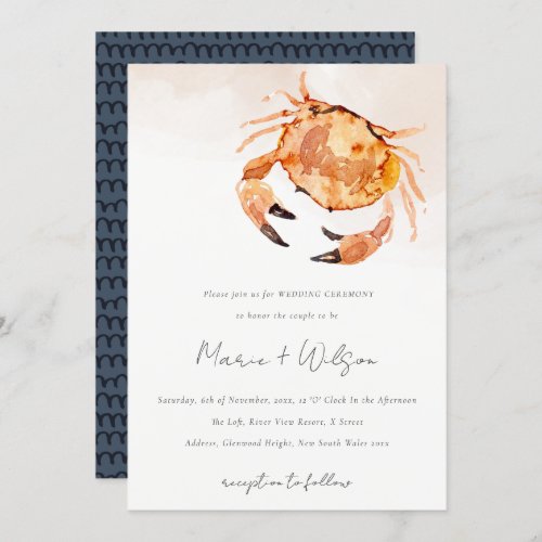 Rust Orange Sand Coastal Crab Nautical Wedding Invitation