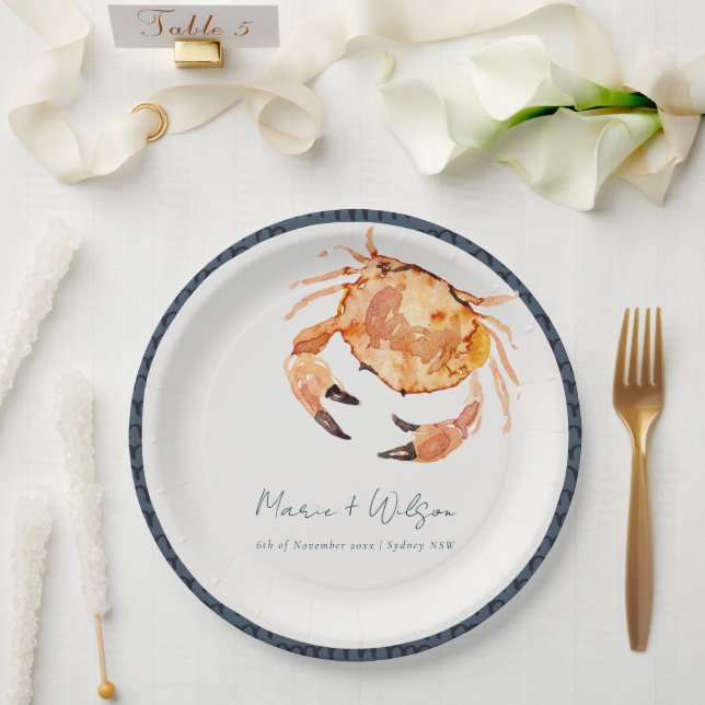 Rust Orange Sand Coastal Crab Nautical Wedding Paper Plates (Wedding)