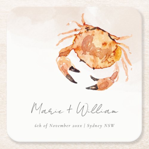 Rust Orange Sand Coastal Crab Nautical Wedding Square Paper Coaster