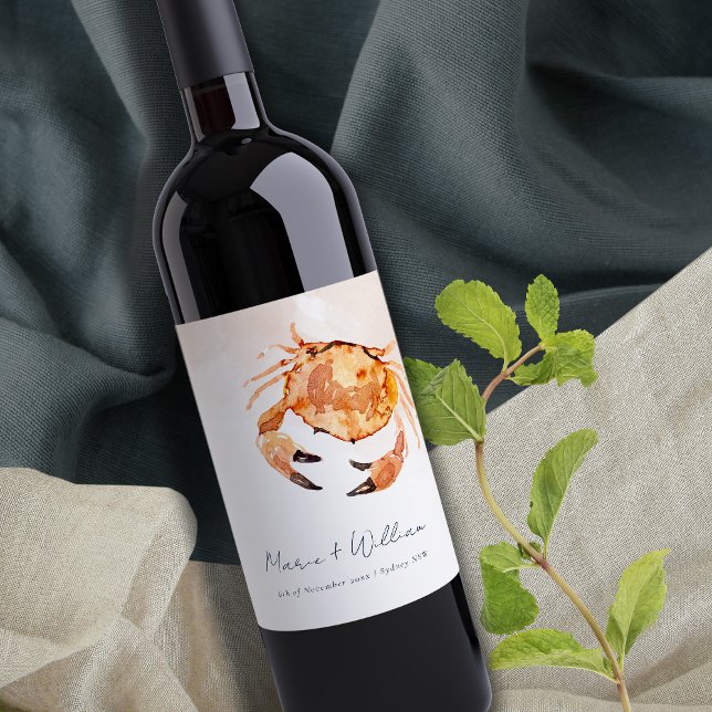 Rust Orange Sand Coastal Crab Nautical Wedding Wine Label (Creator Uploaded)