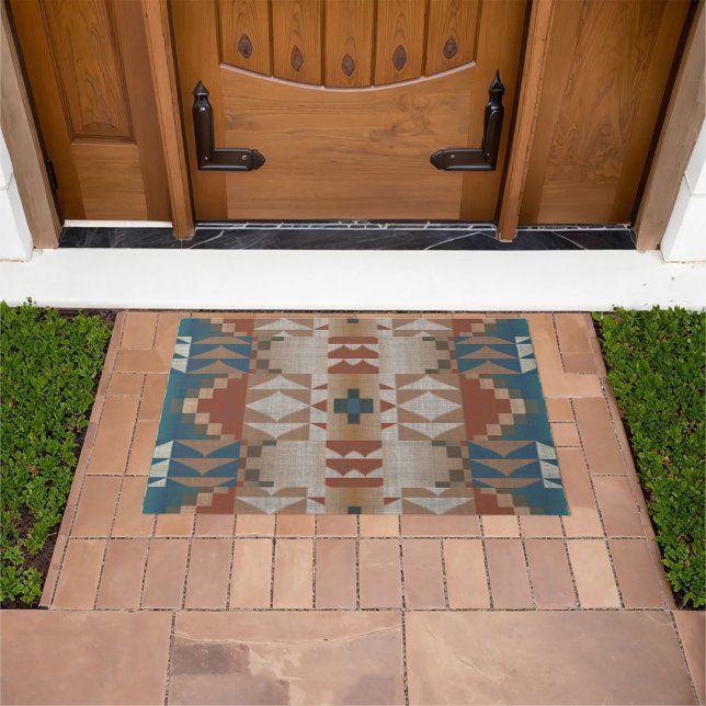 Rust Orange Taupe Brown Teal Blue Tribal Art Doormat (Outdoor)