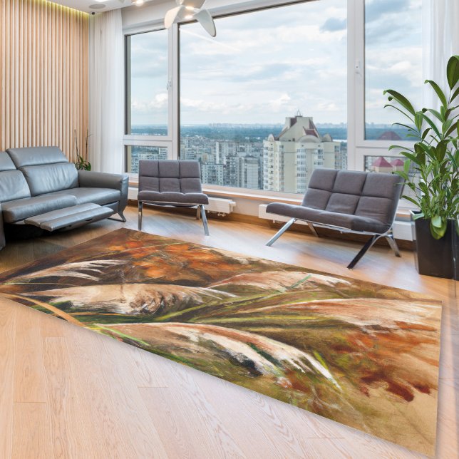 Rust Orange & Taupe Pampas Grass Rustic Rug (In Situ in Living Room)