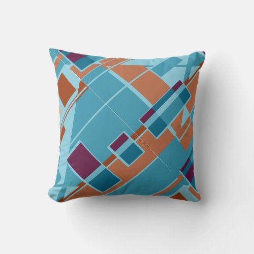 Rust Orange Teal Blue Burgundy Diagonal Design Throw Pillow