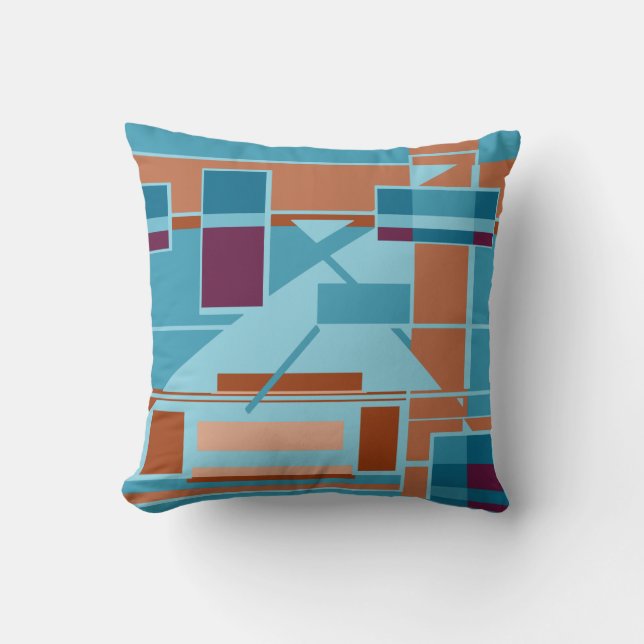 Rust Orange Teal Blue Burgundy Shapes Lines Throw Pillow (Front)