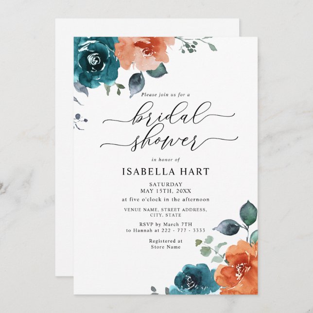 Rust Orange Teal Burnt Floral Bridal Shower Invitation (Front/Back)